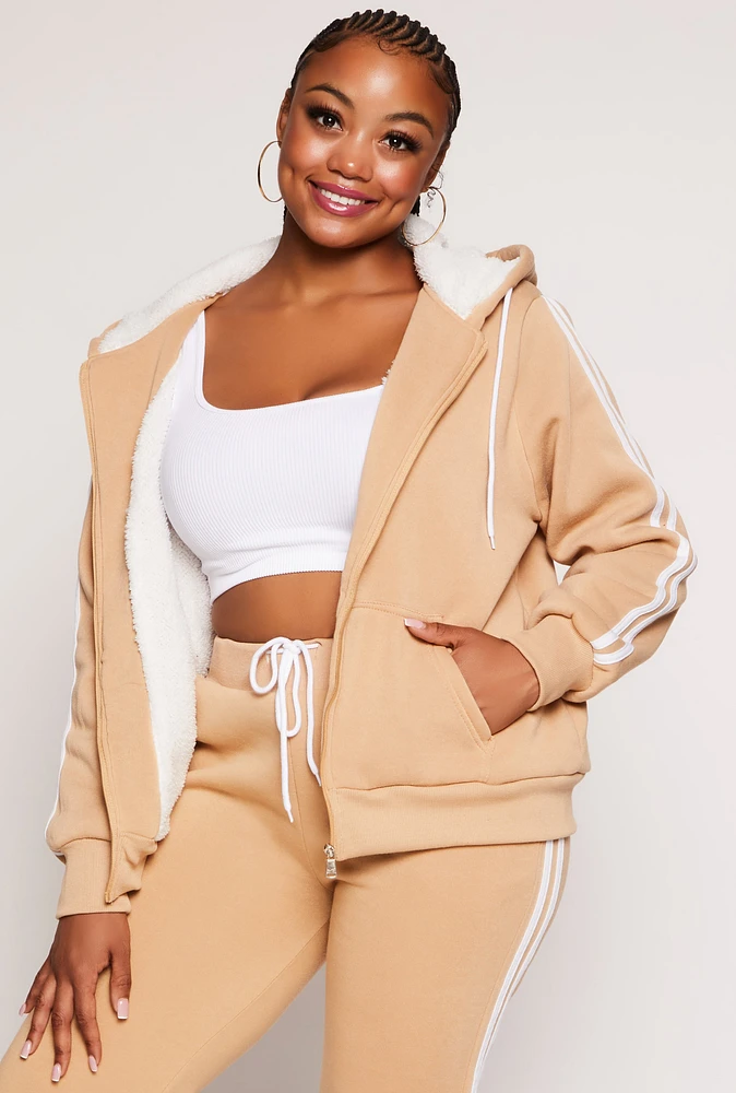 Womens Plus Size Varsity Stripe Zip Front Sherpa Lined Hoodie, Beige, Size 3X