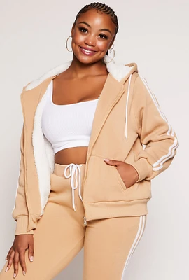 Womens Plus Size Varsity Stripe Zip Front Sherpa Lined Hoodie, Beige, Size 3X