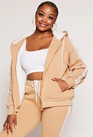 Womens Plus Size Varsity Stripe Zip Front Sherpa Lined Hoodie, Beige, Size 3X