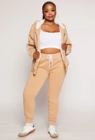 Womens Plus Size Varsity Stripe Zip Front Sherpa Lined Hoodie, Beige, Size 3X