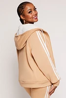 Womens Plus Size Varsity Stripe Zip Front Sherpa Lined Hoodie, Beige, Size 3X