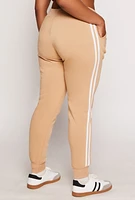 Womens Plus Size Varsity Stripe Drawstring Joggers, Khaki, Size 3X