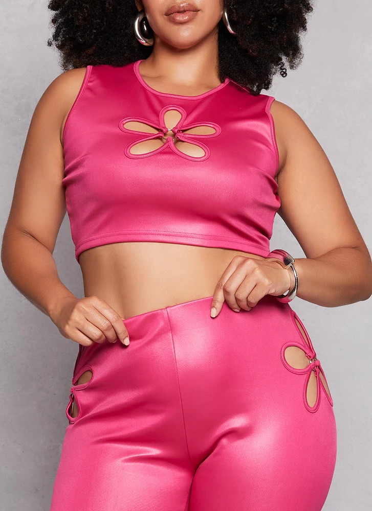 Womens Plus Size O Ring Flower Cut Out Crop Top, Pink, Size 1X
