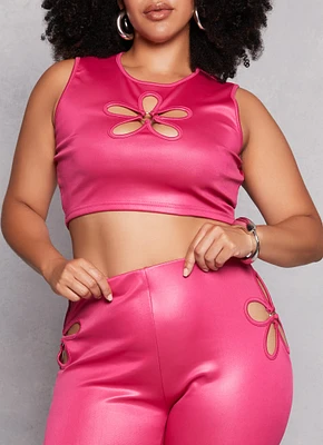 Womens Plus Size O Ring Flower Cut Out Crop Top, Pink, Size 1X
