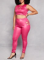 Womens Plus Size O Ring Flower Cut Out Crop Top, Pink, Size 1X