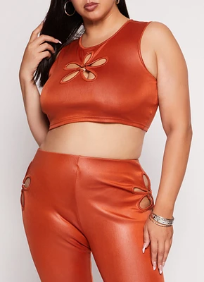 Womens Plus Size O Ring Flower Cut Out Crop Top, Orange, Size 1X