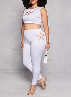 Womens Plus Size Leather Look Flower Keyhole Leggings, White, Size 3X