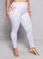 Womens Plus Size Leather Look Flower Keyhole Leggings, White, Size 3X