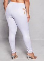 Womens Plus Size Leather Look Flower Keyhole Leggings, White, Size 3X