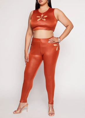 Womens Plus Size Leather Look Flower Keyhole Leggings, Orange, Size 3X