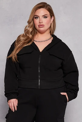 Womens Plus Size Fleece Lined Cargo Hooded Sweatshirt, Black, Size 1X