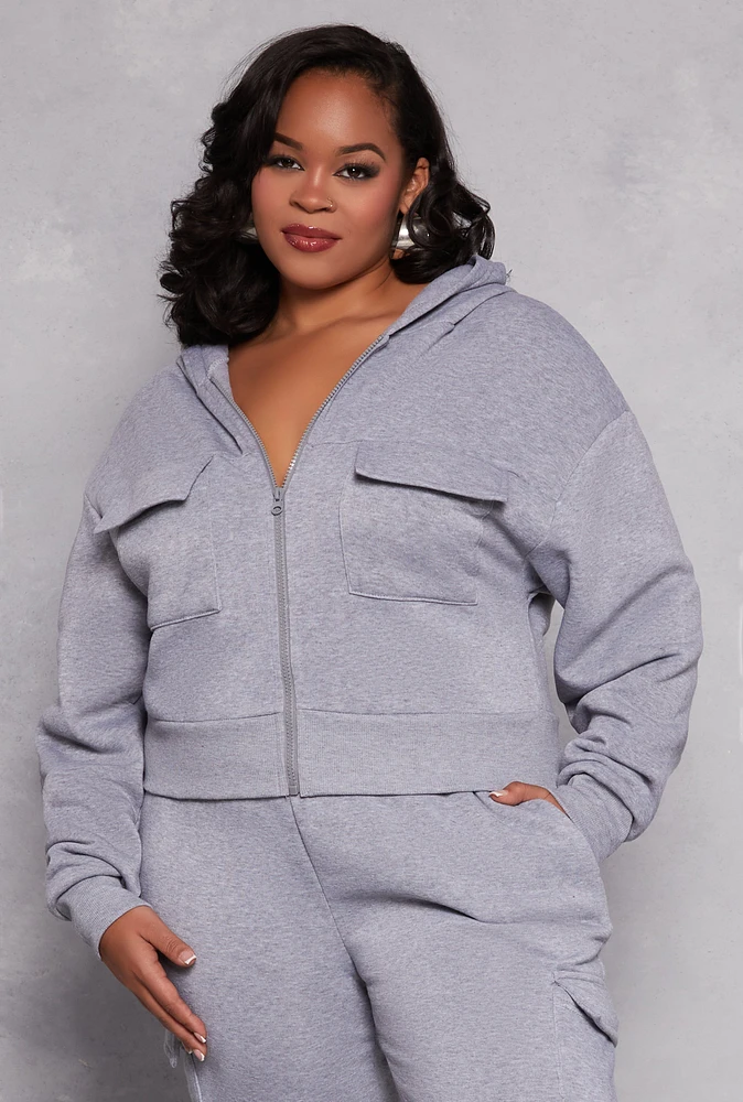 Womens Plus Size Fleece Lined Cargo Hooded Sweatshirt, Grey, Size 2X