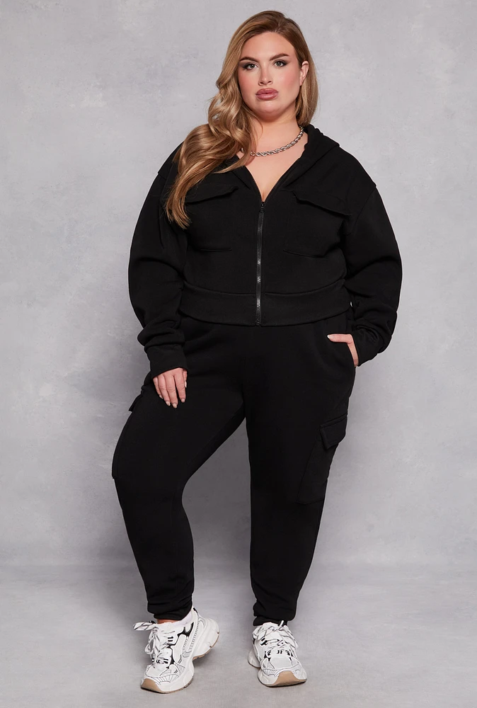 Womens Plus Size Fleece Lined Cargo Joggers, Black, Size 1X