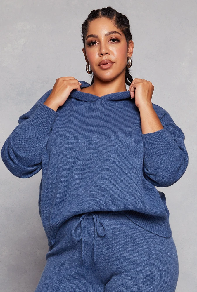 Womens Plus Size Brushed Knit Pullover Hoodie, Blue, Size 1X