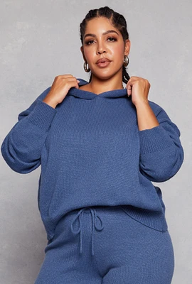 Womens Plus Size Brushed Knit Pullover Hoodie, Blue, Size 1X
