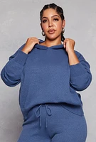 Womens Plus Size Brushed Knit Pullover Hoodie, Blue, Size 1X