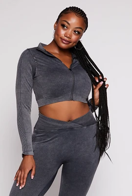 Womens Plus Size Seamless Zip Front Cropped Track Jacket, Grey, Size 1X