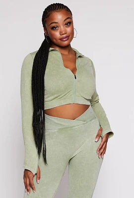 Womens Plus Size Seamless Zip Front Cropped Track Jacket, Green, Size 1X