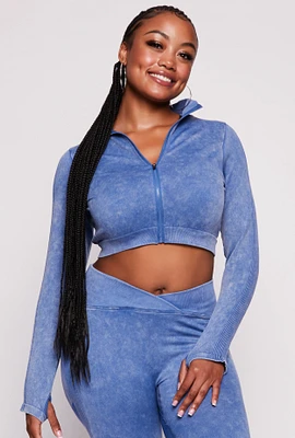 Womens Plus Size Seamless Zip Front Cropped Track Jacket, Blue, Size 3X