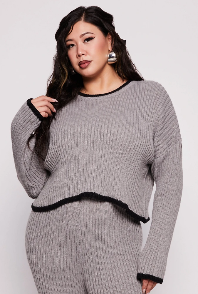 Womens Plus Size Contrast Trim Knit Sweater, Grey, Size 1X
