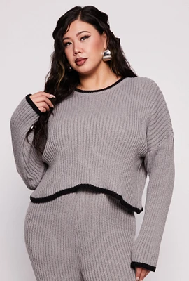 Womens Plus Size Contrast Trim Knit Sweater, Grey, Size 1X