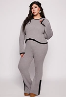 Womens Plus Size Contrast Trim Knit Sweater, Grey, Size 1X