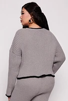 Womens Plus Size Contrast Trim Knit Sweater, Grey, Size 1X