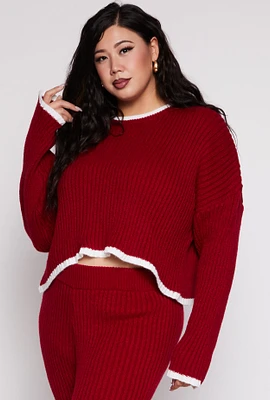 Womens Plus Size Contrast Trim Knit Sweater, Burgundy, Size 1X