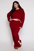Womens Plus Size Contrast Trim Knit Sweater, Burgundy, Size 1X