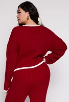 Womens Plus Size Contrast Trim Knit Sweater, Burgundy, Size 1X
