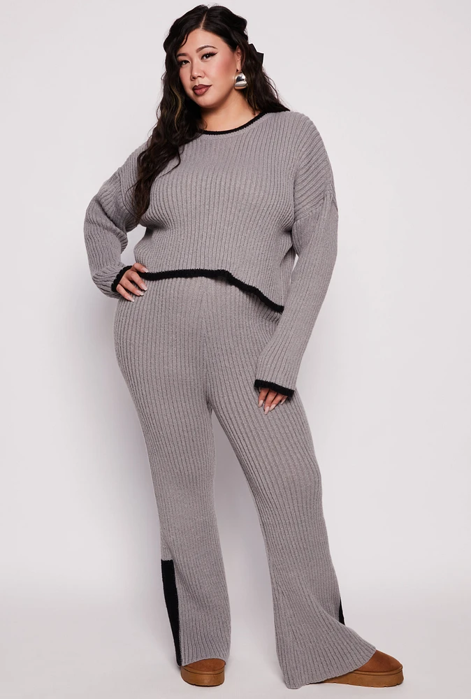 Womens Plus Size Knit Contrast Stripe High Waist Flare Pants, Grey, Size 3X