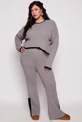 Womens Plus Size Knit Contrast Stripe High Waist Flare Pants, Grey, Size 3X