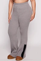 Womens Plus Size Knit Contrast Stripe High Waist Flare Pants, Grey, Size 3X
