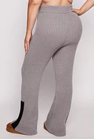 Womens Plus Size Knit Contrast Stripe High Waist Flare Pants, Grey, Size 3X