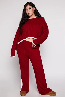 Womens Plus Size Knit Contrast Stripe High Waist Flare Pants, Burgundy, Size 3X