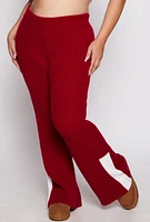Womens Plus Size Knit Contrast Stripe High Waist Flare Pants, Burgundy, Size 3X