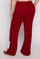Womens Plus Size Knit Contrast Stripe High Waist Flare Pants, Burgundy, Size 3X