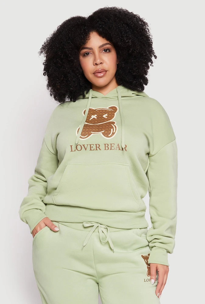 Womens Plus Size Lover Bear Hooded Sweatshirt, Green, Size 1X