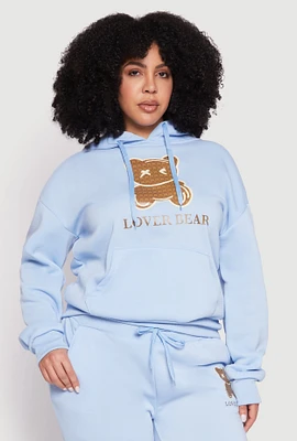 Womens Plus Size Lover Bear Hooded Sweatshirt, Blue, Size 2X
