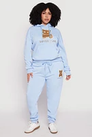Womens Plus Size Lover Bear Hooded Sweatshirt, Blue, Size 2X
