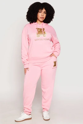 Womens Plus Size Fleece Lover Bear Graphic Joggers, Pink, Size 3X