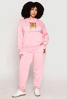 Womens Plus Size Fleece Lover Bear Graphic Joggers, Pink, Size 3X
