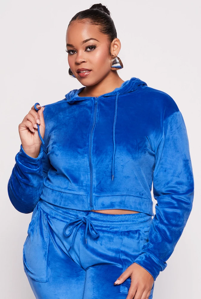 Womens Plus Size Velour Cropped Zip Front Hoodie, Blue, Size 1X