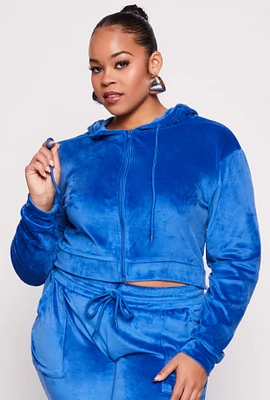 Womens Plus Size Velour Cropped Zip Front Hoodie, Blue, Size 1X