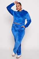 Womens Plus Size Velour Cropped Zip Front Hoodie, Blue, Size 1X