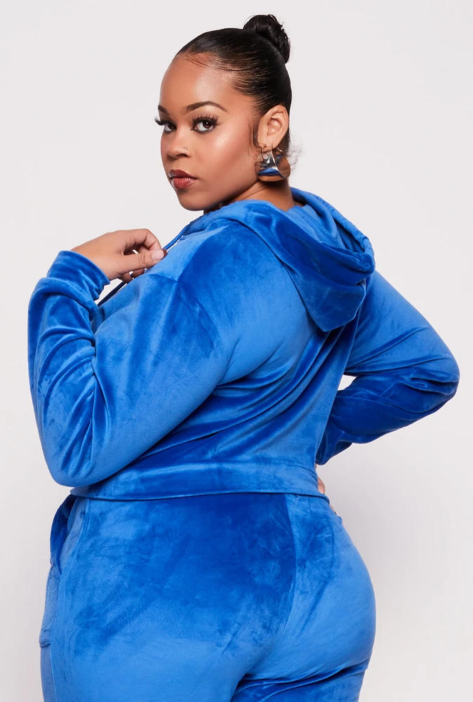 Womens Plus Size Velour Cropped Zip Front Hoodie, Blue, Size 1X