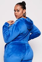Womens Plus Size Velour Cropped Zip Front Hoodie, Blue, Size 1X