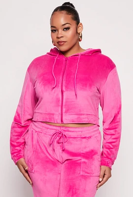 Womens Plus Size Velour Cropped Zip Front Hoodie, Pink, Size 1X