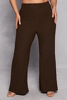 Womens Plus Textured Knit Wide Leg Dress Pants, Brown,