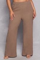 Womens Plus Size Textured Knit Wide Leg Dress Pants, Brown, Size 2X